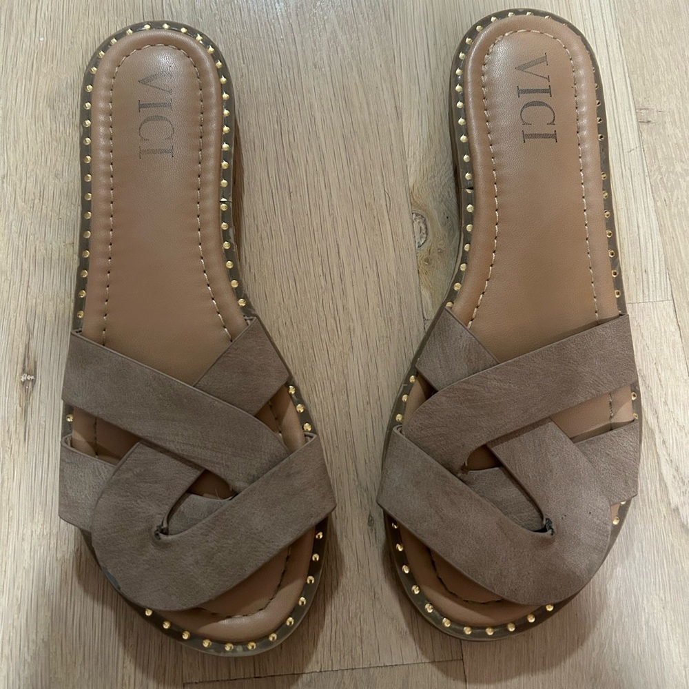 Vici Taupe Slide Sandals with Gold Accents